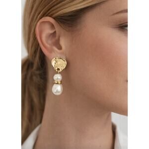 Chicos Gold Pearl Clip Earrings New